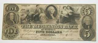 1854 Mechanics Bank $5 Dollars Note Memphis Tn Obsolete Currency Scarce Five