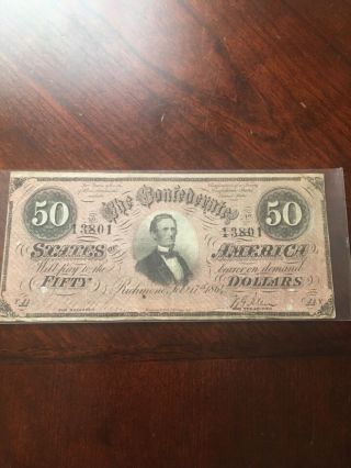 1864 Confederate Currency $50 Note.  Jefferson Davis.  T - 66