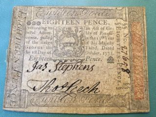 Pennsylvania Colonial Currency 18 Eighteen Pence Note October 1 1773 Vf Details