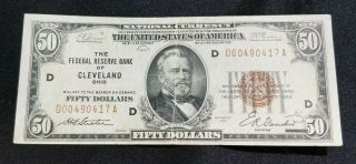 1929 U.  S.  $50 Fifty Dollar Note Brown Seal Cleveland,  Ohio
