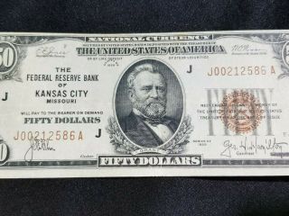 1929 U.  S.  $50 Fifty Dollar Note Brown Seal,  Kansas City,  Mo.