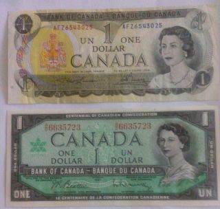 2 Diff.  Canada Paper Money $1 1973 Au - Unc.  & $1 1967 Au Unc