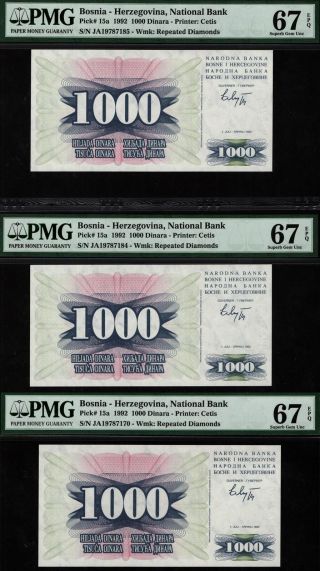 Tt Pk 15a 1992 Bosnia - Herzegovina 1000 Dinara Pmg 67q Set Of 3 Notes