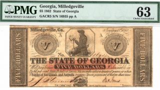 1862 $5 Five Dollar Bill State Of Georgia Note - Pmg Choice Uncirculated 63