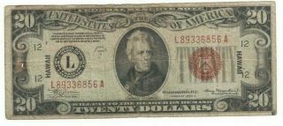 1934 A Series Us $20 Twenty Dollar War Time Issue Currency Hawaii Note H89336856