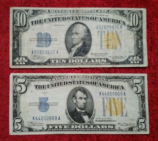 1934 - A Series $5.  00 & $10.  00 North Africa Seal - Silver Cetificates - Fine