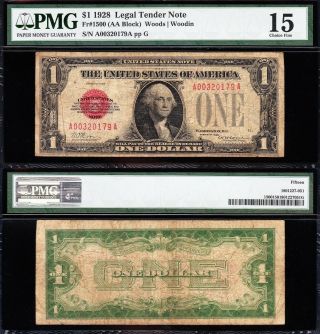 Scarce Choice Fine,  1928 $1 Red Seal Us Note Pmg 15 00320179
