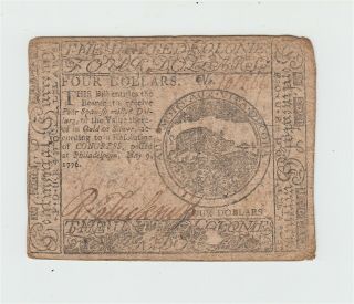 1776 Pennsylvania Colonial Currency $4 Four Dollar Note / Philadelphia Us Usa