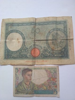 1926 - 1943 Bank Of Italy 50 Lire Banknote Rare Paper Money & 5 Franks 1943