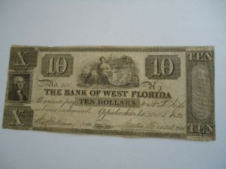 1832 $10 Bank Of West Florida.  Appalachicola.  Hard To Find Note.  Vf