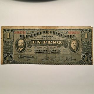 1915 Mexico 1 Peso Banknote,  State Of Chihuahua Raul - H - F Red Stamp,  Pick S530b