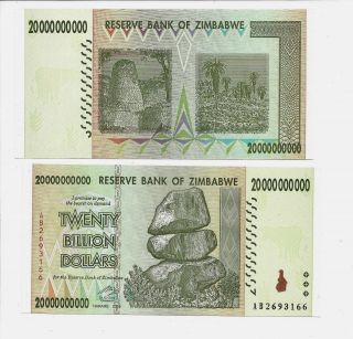 20 Billion Zimbabwe Dollar,  2008,  Money Currency.  Unc.  [trillion 10 50 100].