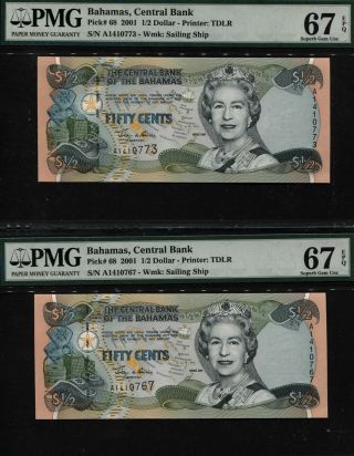 Tt Pk 68 2001 Bahamas 1/2 Dollar " Queen Elizabeth Ii " Pmg 67 Epq Set Of 2