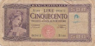 500 Lire Vg Banknote From Italy 1947 Pick - 80