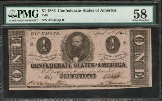1863 $1.  00 Confederate States Note – Pmg Choice About Uncirculated 58
