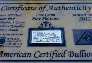 Acb 1gram Platinum 99.  9 Pure Bullion Bar In Certificate Of Authenticity =