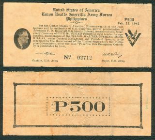 Us Philippines 500 Pesos Luzon Usaffe Guerrilla Ww2 Pres.  Roosevelt Banknote