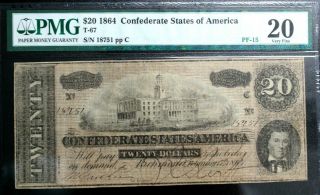 T - 67 $20 1864 Confederate Currency Csa Pmg 20 Very Fine Pf - 15