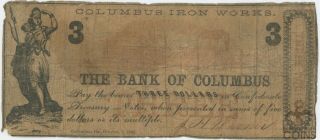1862 Confederate States Bank Of Columbus Ga $3 Columbus Iron Bank Note
