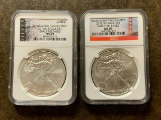 2012 (s) & 2014 (s) Ngc Ms69 American Silver Eagle Coins -