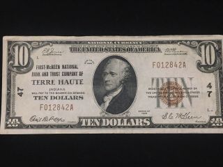 1929 $10 National Bank Note Terre Haute Indiana Unc Ch.  47