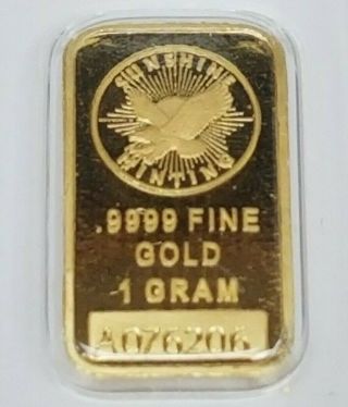 One (1) Smi Sunshine 1 Gram Fine 999.  9 24k Gold Bullion Bar In Assay