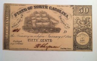 1862 State Of North Carolina 50 Cents Raleigh Sept 1st 1862 (pm - 100)
