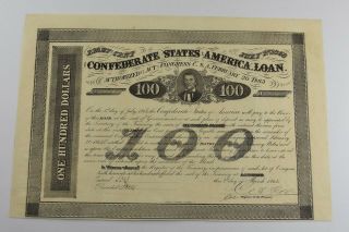 Authentic - 1863 Confederate States - Civil War $100 Bond Certificate 628