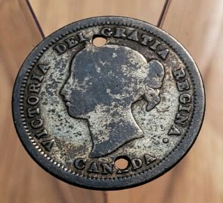 1858 Canada Queen Victoria 5 Cents Silver Coin - Holed 2