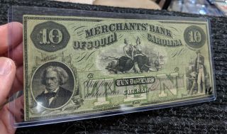 1858 Merchants Bank Of South Carolina Cheraw $10 Banknote - Grade - 16