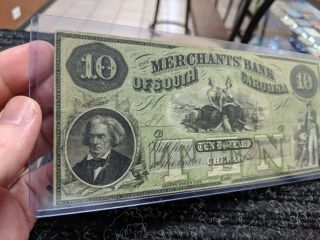 1858 MERCHANTS BANK OF SOUTH CAROLINA CHERAW $10 BANKNOTE - GRADE - 16 2