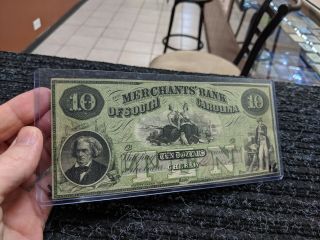 1858 MERCHANTS BANK OF SOUTH CAROLINA CHERAW $10 BANKNOTE - GRADE - 16 3