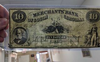 1858 MERCHANTS BANK OF SOUTH CAROLINA CHERAW $10 BANKNOTE - GRADE - 16 5