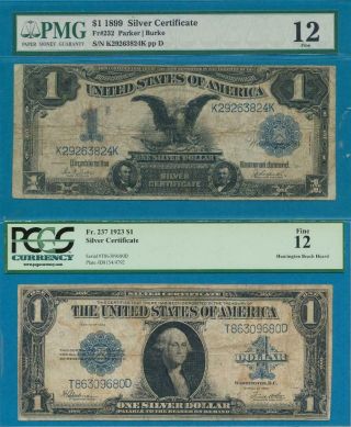 $1.  00 1899,  $1.  00 1923 Silver Certificates Pmg,  Pcgs Fine12 Certified Pair