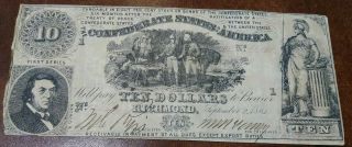 Ten Dollar Confederate States Of America Sept.  2 1861 $10 Bill Note Authentic