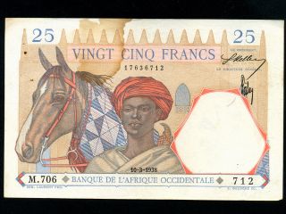 French West Africa:p - 22,  25 Francs,  1938 Horse & Lion
