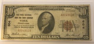 1929 The York National Bank And Trust Company National Currency $10 Note