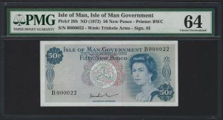 1972 Isle Of Man 50 Pence,  B000022 Low S/n,  P - 28b,  Pmg 64 Unc,  Rare Paul Sig
