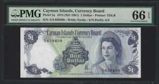 1974 (1981) Cayman Islands $1 Dollar,  A/3 Prefix Scarce Date P - 5a Pmg 66 Epq Unc