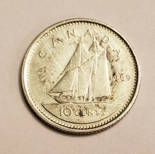 1969 Canada 10 Cents,  Queen Elizabeth Ii 2nd Portrait,  Km 77