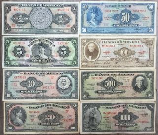Mexico 1961 - 1973 Complete Set 1,  5,  10,  20,  50,  100,  500 & 1000 Pesos 8 Notes