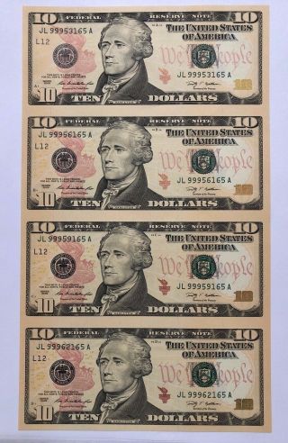 2009 $10 San Francisco Frn 4 Banknote Sheet,  & Uncirculated