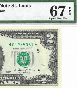 1976 $2 St Louis Star ⭐️ Frn,  Pmg Gem Uncirculated 67 Epq Banknote.