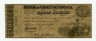 1863 $3 The Bank Of Chattanooga,  Tennessee Note - Civil War Era W/ Slaves