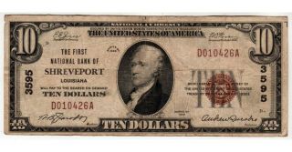 $10 1929 The First National Bank Of Shreveport,  La Ch 3595 Fine