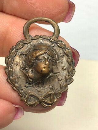 Watch Fob with Repousse Lady Liberty Pop Out Face Medal Token Fob Charm 2