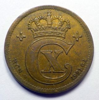 1921 Hcn Gj Denmark 2 Ore Vf - Xf Scarce Date Low Mintage Christian X Bronze Coin