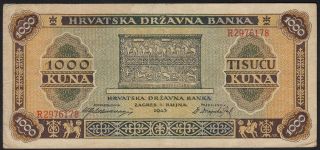 1943 Croatia 1000 Kuna Wwii Ndh Money Banknote German Nazi Occupation Note Vf