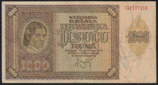 1941 Croatia 1000 Kuna Wwii Ndh Money Banknote German Nazi Occupation Note Vf