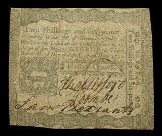 Pennsylvania April 3,  1772.  2 Shillings 6 Pence,  Serial 28219.  Pa - 157.